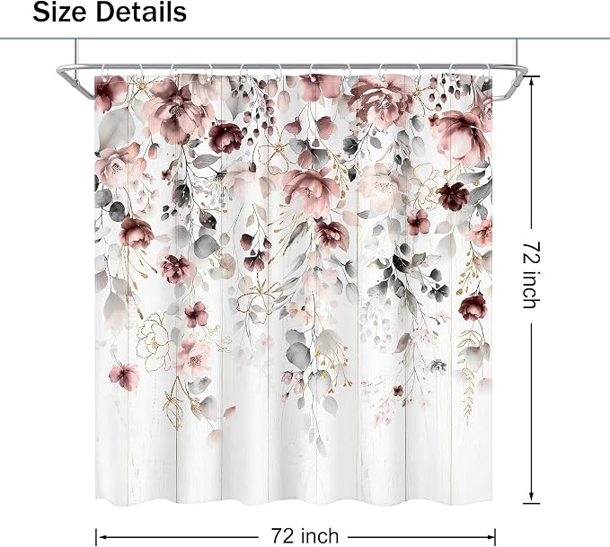Rusic Floral Grey Pink Eucalyptus Leaves Bathroom Shower Curtain Set | 72"W x 72"L Flower Blossom look, waterproof HD printed shower curtain, quick-dry fabric and free hooks.