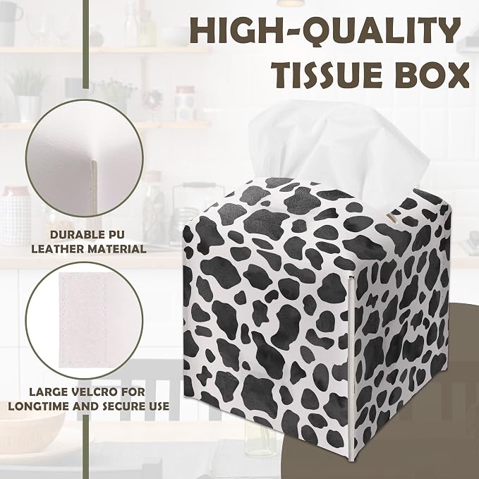 Black Cow Print Decorative Leather Tissue Box Cover - Cute Tissue Holder Gifts for Women and Friends Funny Unique for Home Decor Decorative for Kids Room Kitchen Bathroom Office