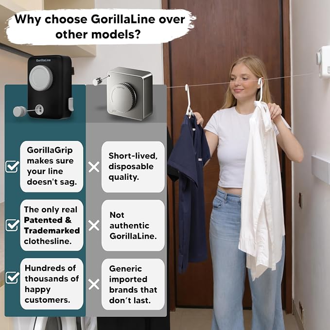 Max – Retractable Clothesline Indoor Outdoor, Non-Sagging Heavy Duty Clothes Drying Line, Wall Mounted Drying Rack, Air Dry Clothing, Max Tighten with GorillaGrip