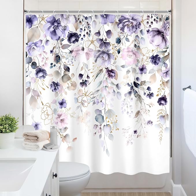 Purple Floral Girls Girly Boho Watercolor Bathroom Shower Curtain Set | 72"W x 72"L Flower Wildflower design with waterproof HD artwork, quick-dry fabric and hooks for easy hanging.