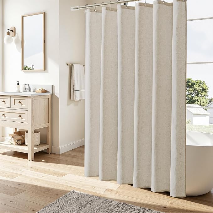 Extra Long Linen Shower Curtain 90 Inch Long Shower Curtains Set with Hooks for Bathroom Boho Farmhouse Fabric Neutral Cloth Modern Cottage Core Waterproof,Vanilla