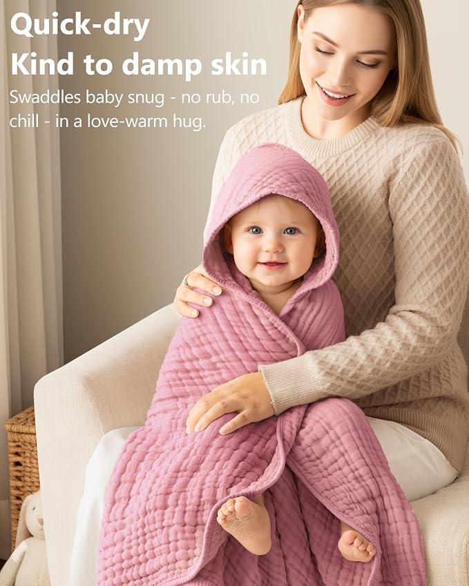 Baby Girl Bath Towels, 100% Muslin Cotton Hooded Baby Towels for Newborn, 2 Pack Baby Towels with Hood for Infant Toddler and Kids, Large 32x32Inch Bath Essentials, Soft and Absorbent