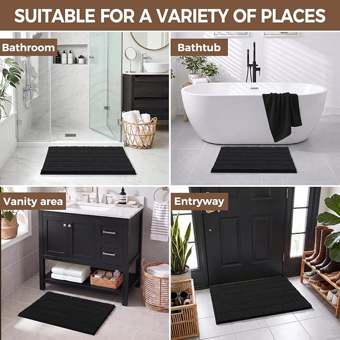 Bcoimo Bath Rug Mat,30x20 Chenille Non Slip Black Bathroom Floor Shower Mat | Extra Soft Bathroom Rugs;Non Slip with Rubber Backing Bath Mats;High Absorbent And Quick Dry Microfiber mat; Machine Washable