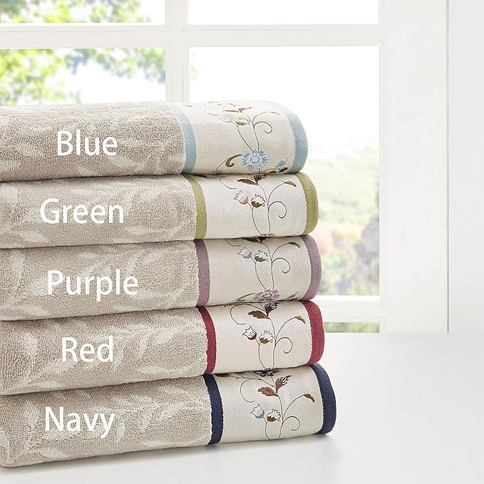 Madison Park Serene 100% Cotton Bath Towel Set Luxurious Floral Decorative Towels for Bathroom Embroidered Cotton Jacquard Design Soft Highly Absorbent for Shower 600 GSM, Multi-Sizes, Navy 6 Piece | Luxurious Floral Decorative Towels for Bathroom, Emb...