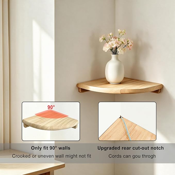 Solid Wood Floating Corner Shelf, 7.1 in Wall Mount Round End | Built-in wire hole, holds small decor, plants & speakers; ideal for bedroom, kitchen, living room