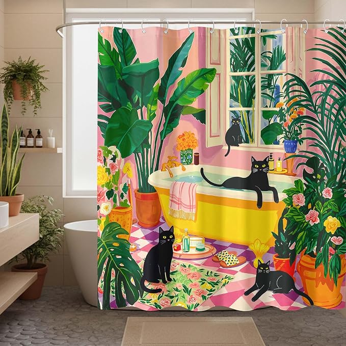 Accnicc Boho Cat Shower Curtain Cute Funny Black Cats Matisse Shower Curtains for Bathroom Green Tropical Plants Flowers Pink Yellow Decorative Waterproof Fabric Bath Curtain Decor 72 X 72 Inches