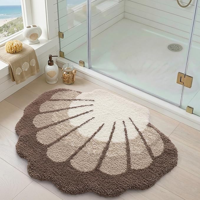 DEXI Cute Seashell Bath Mat, Coastal Scallop Bathroom Rug, 31x24 Beige | Soft and Absorbent Microfiber, Non Slip, Machine Washable Bathmat for Shower Floor, Bedroom, Kids Room, Home Decor