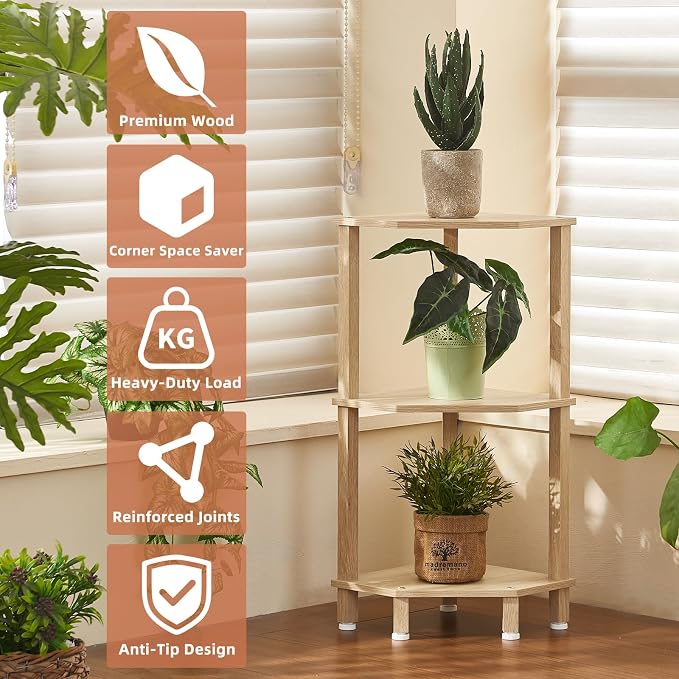 YUFAM 3-Tier Corner Shelf, Natural | Wooden Small Corner Table with Sturdy 5-Leg Base, Wooden Corner Bookshelf for Adjustable Base for Bathroom
