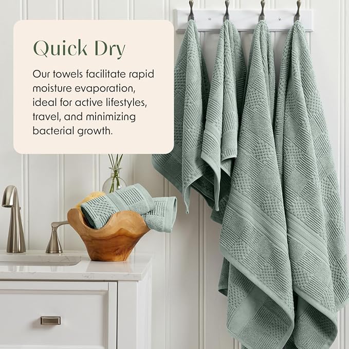 100% Cotton Bath Towel Set | 4-Pack | Textured | Eucalyptus | Luxury Geometric Design | Absorbent & Quick-Dry Bathroom Towels | Textured and Durable Cotton Towels for Bathroom | OEKO-TEX