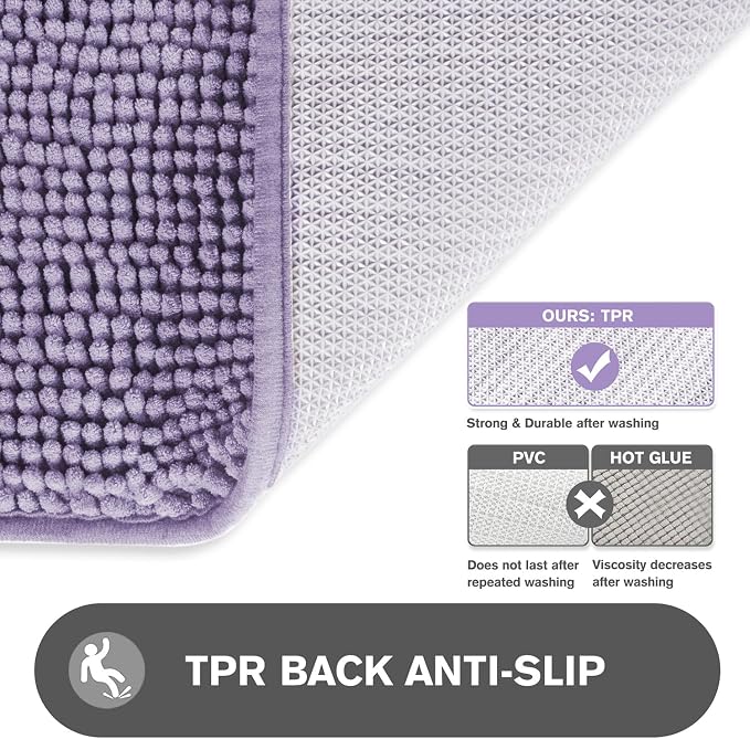 Lavender Bathroom Rugs – Absorbent and Washable Bath Mat, Non-Slip, Thick Soft Chenille Bath Rugs for Bathroom Floor, Shower, Sink - 24" x 36"