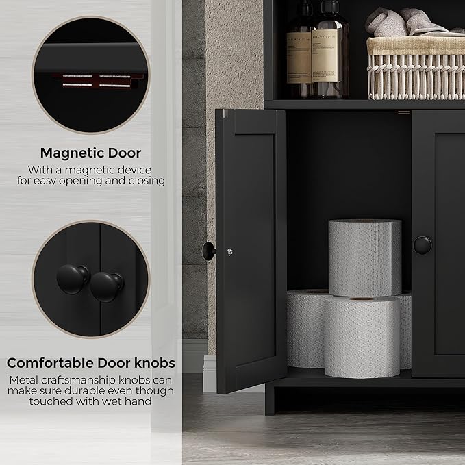 Homhedy Small Bathroom Storage Cabinet, Toilet Paper Storage Cabinet | Bathroom Floor Cabinet with Doors and Shelves, Bathroom Organizers for Small Spaces, 7.9" D x 14.6" W x 31" H, Black
