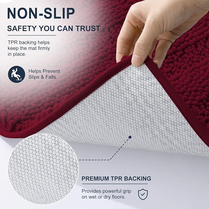 Smiry Thick Chenille Toilet Rugs U-Shaped 24x20, Soft Bath Mat, Burgundy | Absorbent Striped Contour Bathroom Rugs, Machine Washable, Dry Quickly, Non‑Slip, Modern Home Decor Accessories