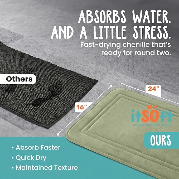 Memory Foam Bath Mat 24x16, Non Slip, Machine Washable, Quick Dry & Absorbent Rugs, Bath Mats for Bathroom Floor, Tub & Shower, Bathroom Rug, Sage Green