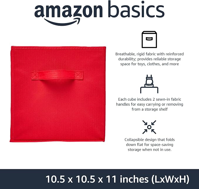 Amazon Basics Cube Organizer Storage Bins Handles, Collapsible Fabric, 10.5"x10.5"x11", Red (Pack of 30)