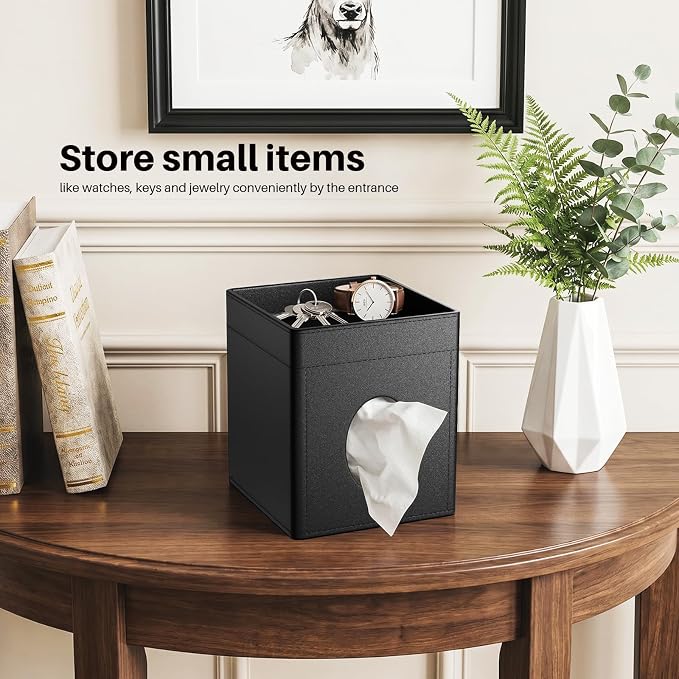 Square Tissue Box Holder with Storage Tray Tissue Box Cover, Tissues Cube Boxes Cover for Nightst, Dining Table, Dressing Table, Tea Table, Coffee Bar (Black)