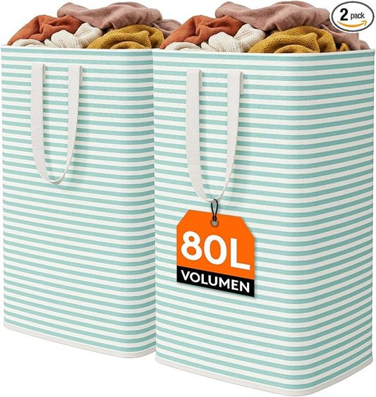 Lifewit 2 Pack Laundry Basket 80L Each, Collapsible Clothes Hamper with Reinforced Handles, Freestanding Waterproof Design for Bedroom and Laundry Room, Sage Green 160L Total