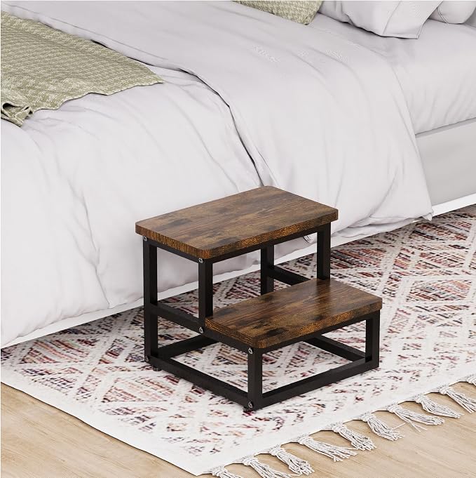 SZLHANJZ Step Stool, Wood & Metal Step Stools for Adults Kids, 500 LB Load | Multi Purpose Round Corner Bed Step Stools for High Beds, Dog Steps Portable Stepping Stool for Bedroom Kitchen, Rustic Brown
