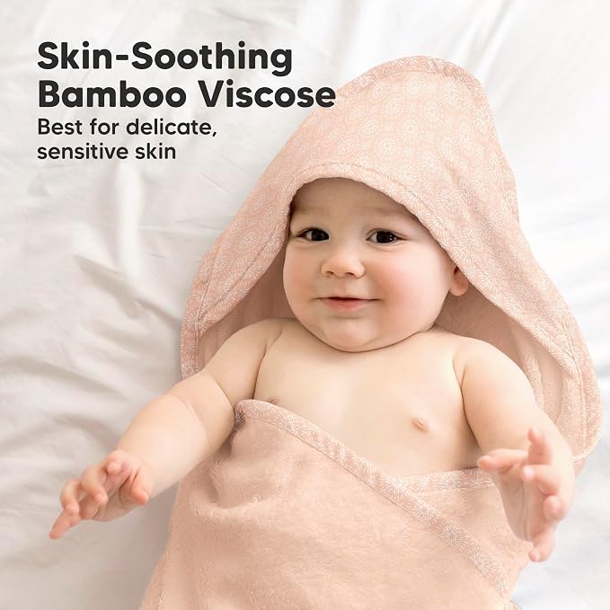 Hooded Baby Towel for Newborn, Baby Bath Towels (Pink Crystal, 35x35) | Viscose Derived from Bamboo, Large Baby Towels with Hood, Boys, Girls, Toddler, Soft Absorbent Baby Bath Essentials