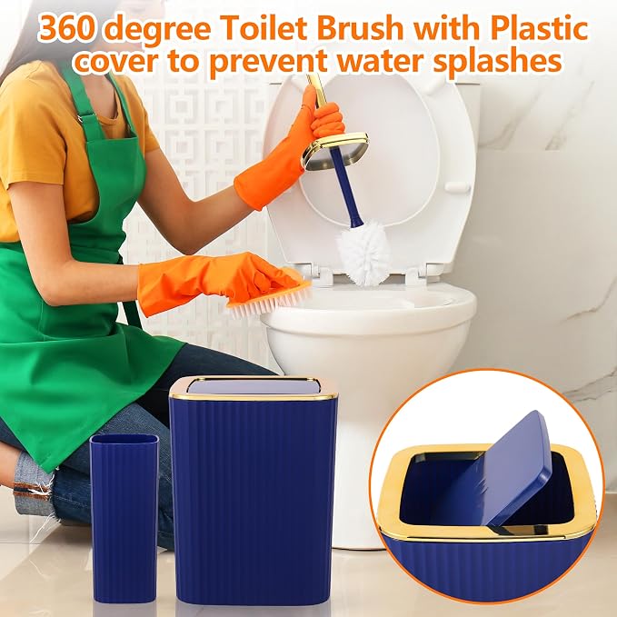 9 PCS Navyblue Bathroom Accessories Set with Trash Can Bathroom Accessory | All-in-One Kit with Trash Can,Toothbrush Holder,Soap Dispenser,Toothbrush Cup,Vanity Tray,Soap Dish,Toilet Brush etc for Home