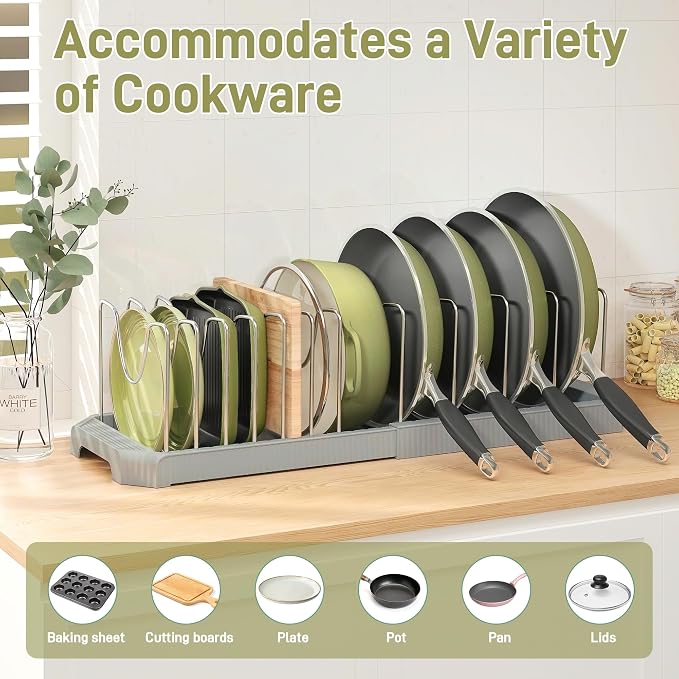 Expandable Pan Organizers Inside Cabinet with 12 Dividers Grey | Extends 12.9-21.9", Holds cookie sheets, cutting boards, pot lids and pans, iron dividers, plastic base, under cabinet rack