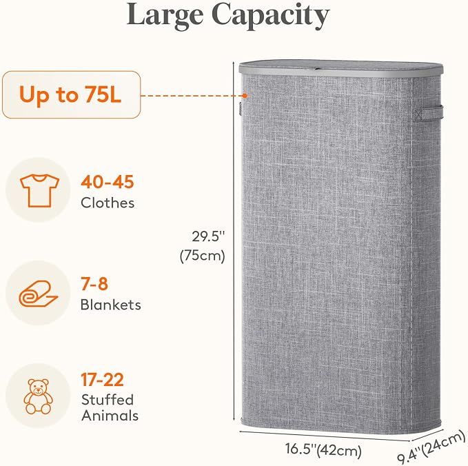 Lifewit Slim Laundry Basket with Lid and Removable Bag, 75L, Gray | Plastic Handles, Collapsible Narrow Laundry Hamper, Tall Skinny Laundry Bin, Clothes Hamper for Laundry, Bedroom, RV, Dorm