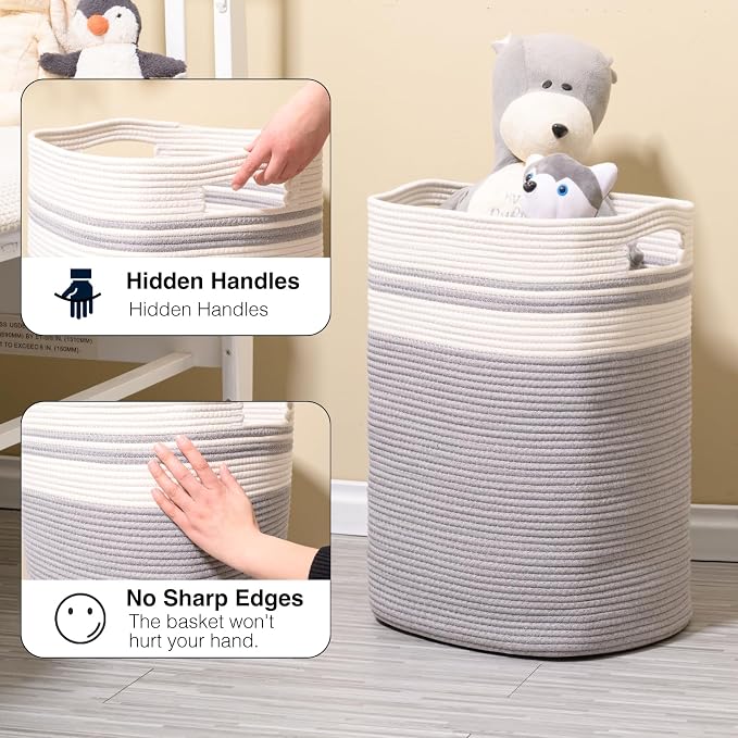 ICERZCZ 78L Laundry Hamper, Woven Rope Tall Laundry Basket with Handles, Decorative Blanket Basket for Bedroom, Bathroom, Collapsible Baskets for Toys, Clothes, 16”x14”x22”, White & Grey