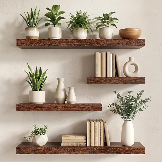 24 in Floating Shelves for Wall Decor Color Brown,Pack 2 | Modern floating shelves for living room,bedroom,kitchen and bath.Organize & display books,photos and decor.easy mount,sturdy.