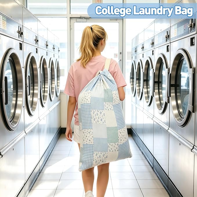 Laundry Bag Backpack for Dorm & Travel, 29 x 18" Large Dirty Bag | Cute Blue Floral College Clothes Pouch with Straps and Handles. Ideal for Apartment, Camp and Portable Bag for Laundromat
