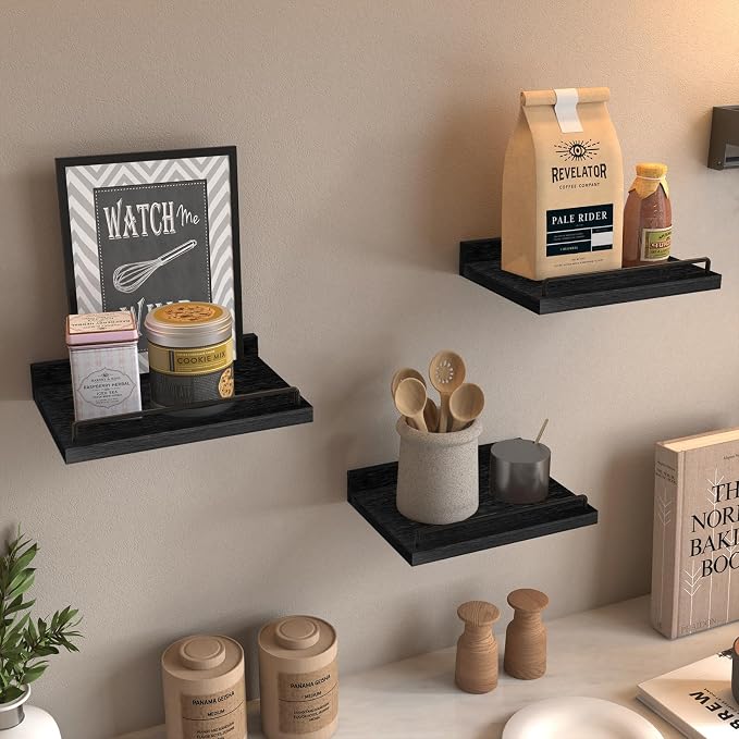 RYOFOBETTO Small Floating Shelf, 6X9 Inches Farmhouse Wall Shelves for Living Room, Bedroom, Picture Frames, Plants, Kitchen, Set of 3 (Black)