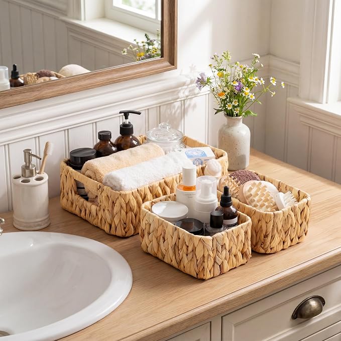 GRANNY SAYS Small Wicker Baskets for Shelves, Water Hyacinth Storage Basket | Small Woven Storage Baskets for Shelf, Rattan Basket for Organizing, Wicker Basket Set, 3-Pack Small Baskets
