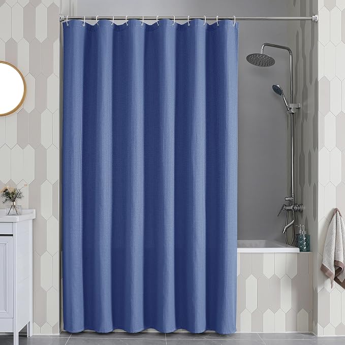 Long Fabric Shower Curtain Set, Waffle Textured Shower Curtain for Bathroom - Weight 230GSM Heavy Duty Hotel Spa Luxury Bath Curtain Set with 12 Plastic Hooks, 72x78, Blue