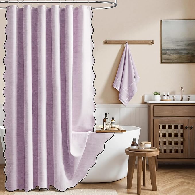 72x90 Boho Scalloped Linen Textured Cloth Shower Curtain Set, Lavender | Long Size, 230GSM Waterproof Polyester, Heavy Duty Fabric, 12 Plastic Hooks, Elegant Modern Farmhouse Style, Machine Washable