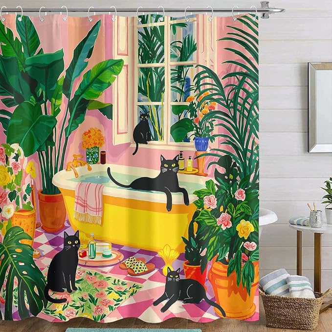 Accnicc Boho Cat Shower Curtain for Bathroom 72 X 84 Inches | Cute Funny Black Cats Matisse Extra Long Shower Curtains, Tropical Plant Bathroom Decor, Water-Resistant Washable Polyester