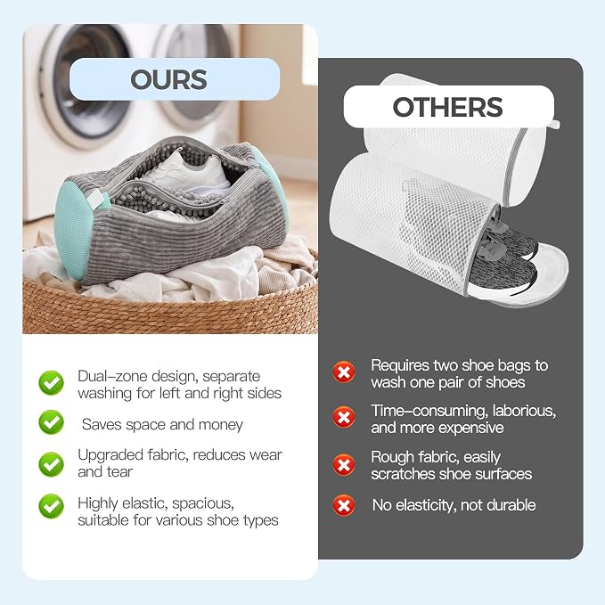 Dual Shoe Washing Machine Bag for Washer and Dryer Holds 2 Shoes (Gray) | Reusable Laundry Shoe Bag with Microfiber Brushes, 360° Deep Cleaning, Self-Locking Zipper,Sneaker Tennis Shoe Cleaning Bag