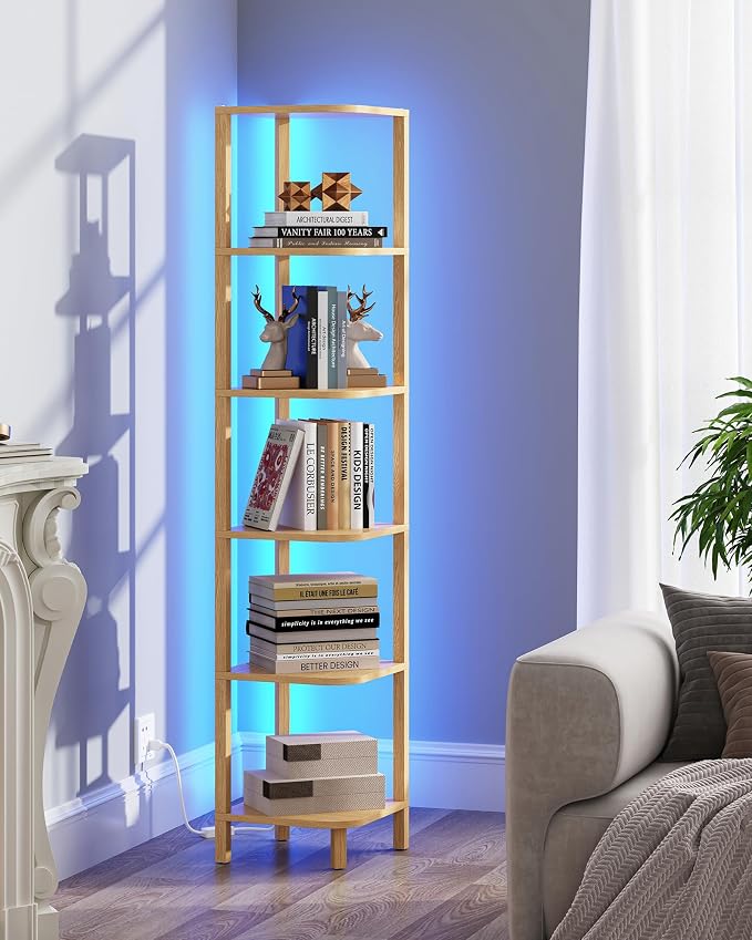 TUTOTAK Corner Shelf with LED Light, 6-Tier Corner Bookshelf | for Small Space, Narrow Display Corner Shelf Stand with Storage Rack, for Living Room, Bedroom, Natural BS08BN006L