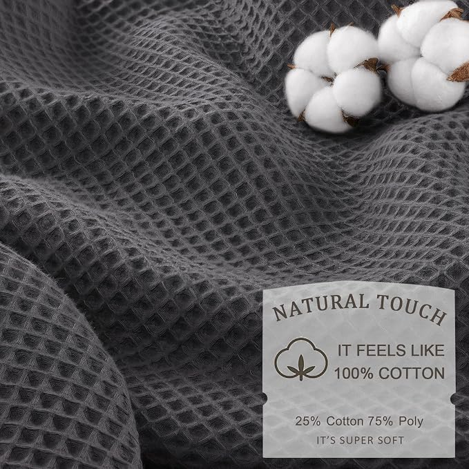 Waffle Weave Shower Curtain Heavyweight Cotton Fabric Charcoal Gray 72Wx75L | Soft Cotton Cloth,3D Square Truely Waffle,Washable, Hotel Luxury Spa, Shower Curtains for Narrow Bathroom 12 Plastic Hooks