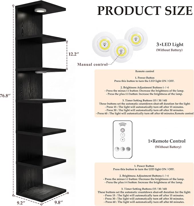 7-Tier Floating Shelves for Wall, Corner Shelf with LED Lights Lack Shelf for Home Organizer Display, Space-Saving, for Kitchen, Living Room, Bedroom, Modern, Black