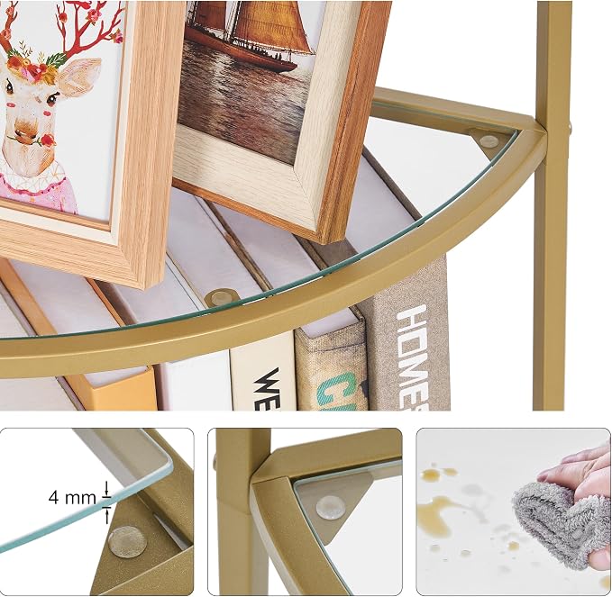 Homhedy 5-Tier Gold Corner Shelf Stand, Metal Corner Bookshelf | Display Shelf, Tempered Glass Shelves, Plant Stand, Storage Rack Shelf for Bedroom, Living Room, Home, Office, Gold