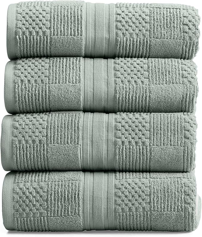100% Cotton Bath Towel Set | 4-Pack | Textured | Eucalyptus | Luxury Geometric Design | Absorbent & Quick-Dry Bathroom Towels | Textured and Durable Cotton Towels for Bathroom | OEKO-TEX