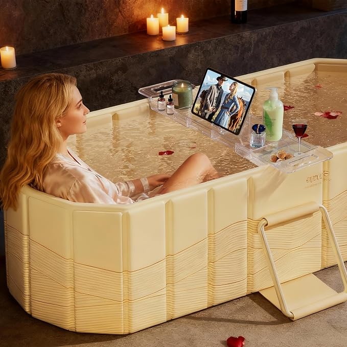 Foldable Bathtub Tray, Adjustable Expandable Bath Tray for Tub 22-31.4in | Clear Acrylic Bathtub Caddy Tray, Shower Tub Organizer Rack with Multi Compartments, Multi-Position Tablet Holder