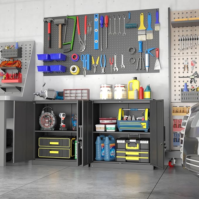 Metal Wall Cabinet,Garage Cabinet with Handle,Lockable Storage Cabinets Wall Mounted with 2 Doors,Locking Cabinet with Shelves for Basement,Office,Living Home,Black