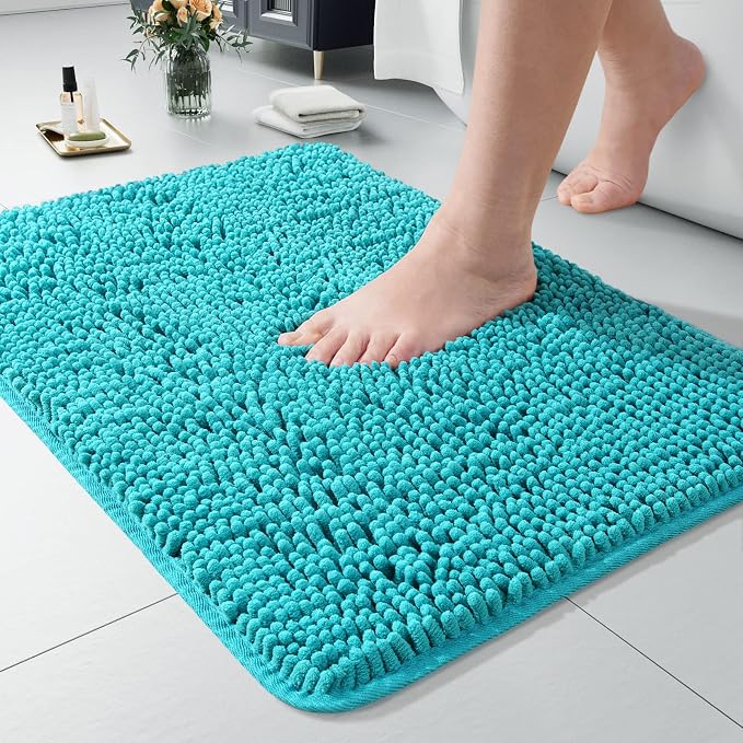 LOCHAS Luxury Bathroom Rug Shaggy Bath Mat 24 x 36 Inch, Teal Blue | Washable Non Slip Bath Rugs for Bathroom Shower, Soft Plush Chenille Absorbent Carpets