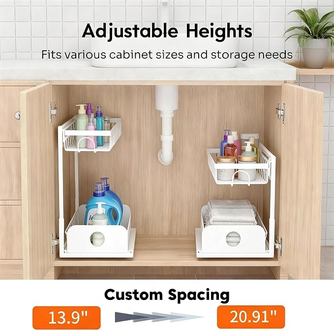 Under Sink Organizer, 1 Pack Under Kitchen Cabinet Organizer, Height Adjustable Pull Out Mute Slide-Out 2 Tier Metal Under Sink Storage for Bathroom, Pantry, Kitchen & Bedroom (White, 1 Pack)