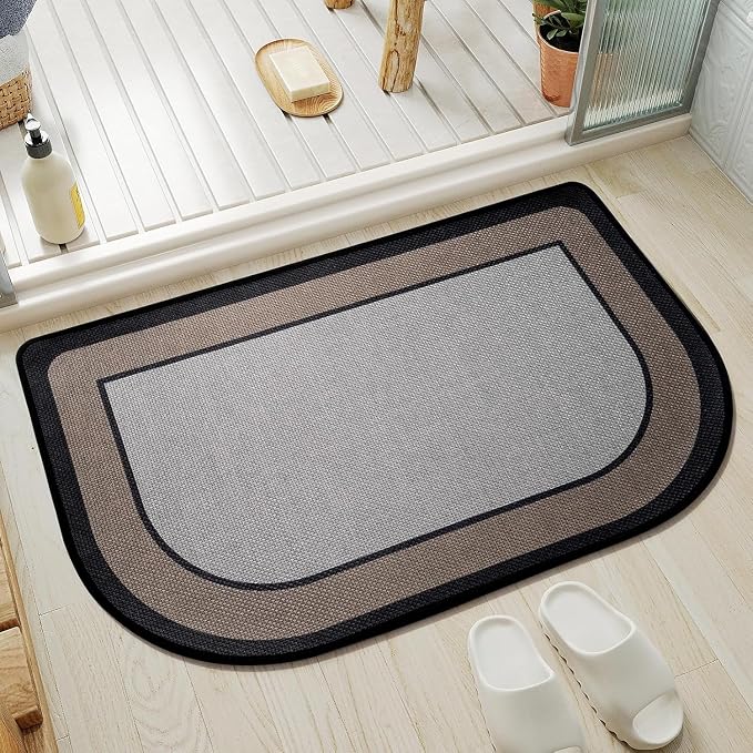 Half Circle Bath Mat, Thin Bathroom Rugs Fit Under Door, Grey 20x31 | Non Slip, Quick Dry Absorbent, Rubber Backing Washable, Semi Circle Bathmat for Bathroom Floor, Tub and Shower, Home Decor
