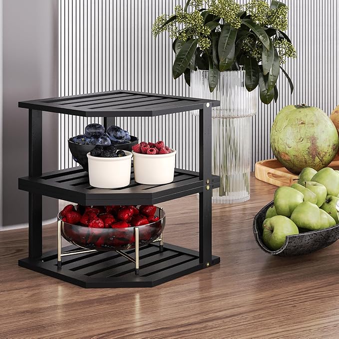 VERTORGAN 2 Tier Bamboo Dish Drying Rack,Corner Shelf 2 Pack(Black) | Pantry Storage,Dish Rack,Spice Rack,Corner Organizer,Kitchen Counter Shelves,Kitchen Storage,Holds Plates