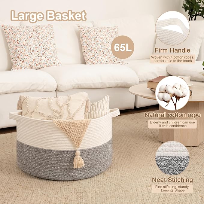 OIAHOMY Large Blanket Basket for Living Room, 19.7" x 12.6" Woven Cotton Rope Laundry Basket for Organizing Pillows, Decorative Stuffed Animal Toy Storage for Nursery, White and Light Grey