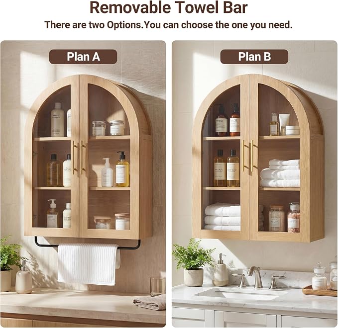 Seang Bathroom Arched Wall Cabinet,23.6" Modern Medicine Cabinet with Towel Bar and Adjustable Shelf,Over The Toilet Wall Storage Cabinet for Laundry Room,Living Room,Kitchen,Natural
