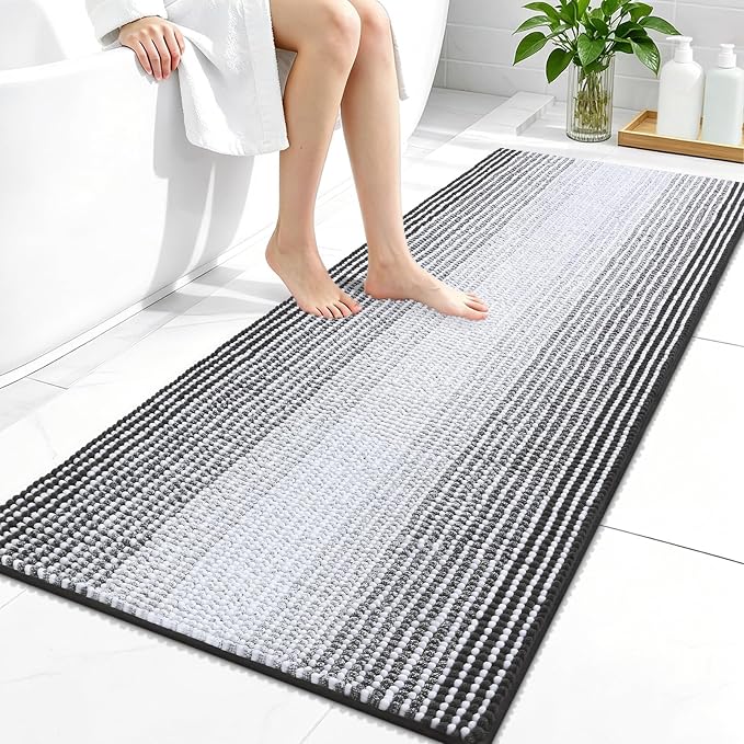 OLANLY Bathroom Runner Rugs 47x24, Chenille Striped Bath Rugs, Dark Grey | Extra Soft Absorbent, Rubber Backing, Machine Wash Dry, Bath Mats for Bathroom Floor, Tub and Shower, Home Decor Accessories