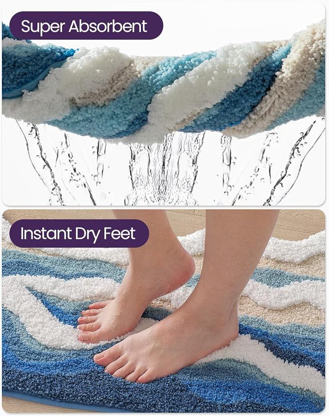 DEXI Cute Bath Mat, Sea Ocean Wave Bathroom Rugs, 43x26 Blue | Soft and Absorbent Microfiber, Non Slip, Machine Washable Bathmat for Shower Floor, Bedroom, Kids Room, Home Decor