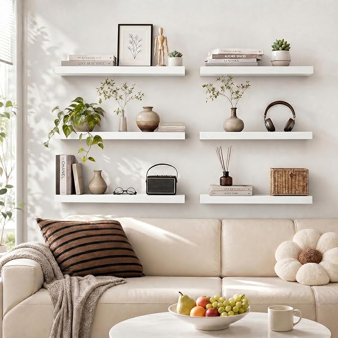 Heimlove 24 inch Floating Shelves for Wall,9.3 inch deep White Wood Shelves with Invisible Brackets,Wall Mounted Storage & Display Shelves for Bedroom,Living Room,Set of 2